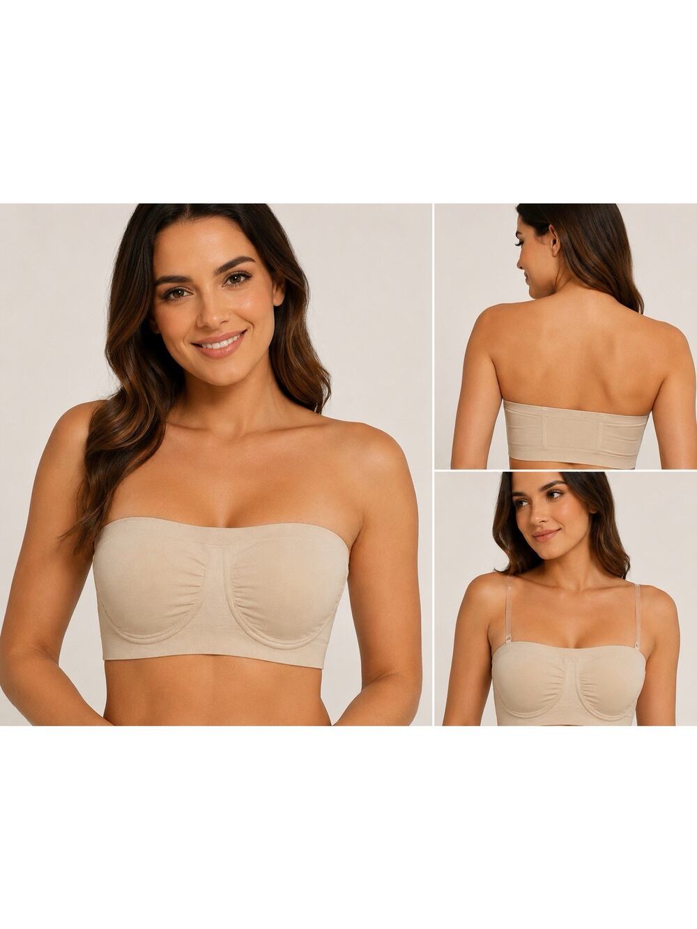 New Seamless Strapless Bandeau Bra with Removable Clear Straps Nude Beige Size 2